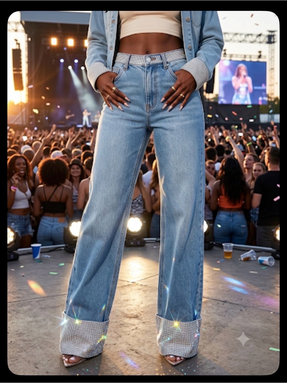 Fashion Nova Blue Flare Jeans With Blinged-Out Cuff